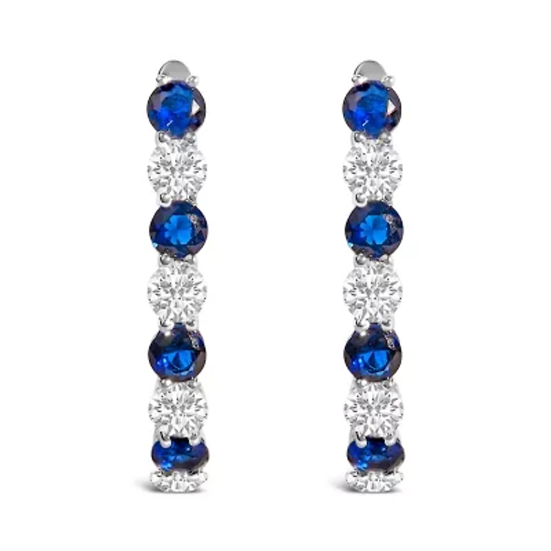 .925 Sterling Silver Created Blue and White Sapphire Hoop Earrings