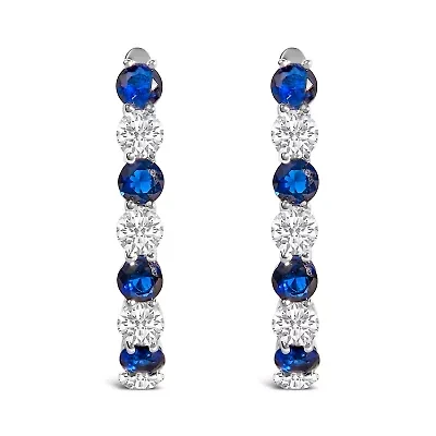 .925 Sterling Silver Created Blue and White Sapphire Hoop Earrings