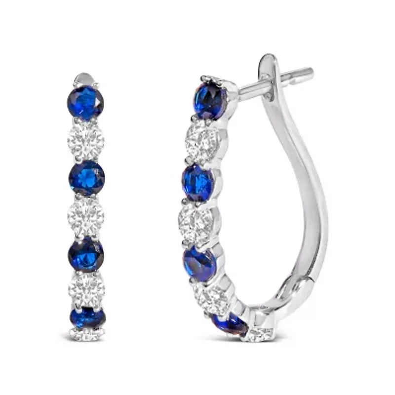 .925 Sterling Silver Created Blue and White Sapphire Hoop Earrings