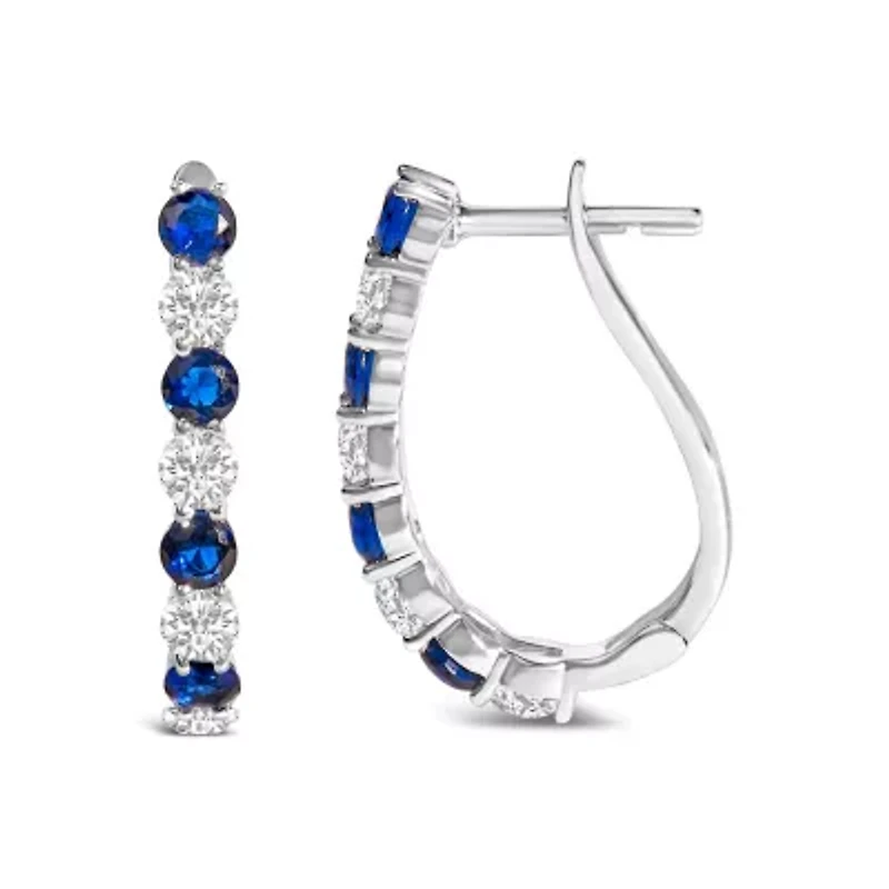 .925 Sterling Silver Created Blue and White Sapphire Hoop Earrings