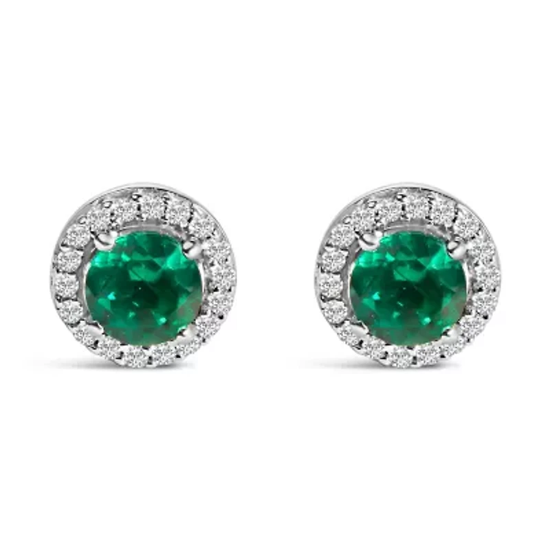 Lab Created Silver with Created Green Emerald and White Sapphire Halo Stud Earring