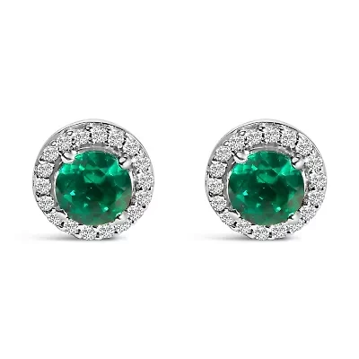 Lab Created Silver with Created Green Emerald and White Sapphire Halo Stud Earring