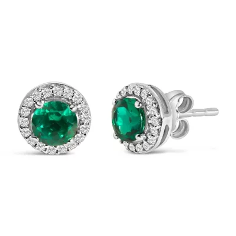 Lab Created Silver with Created Green Emerald and White Sapphire Halo Stud Earring