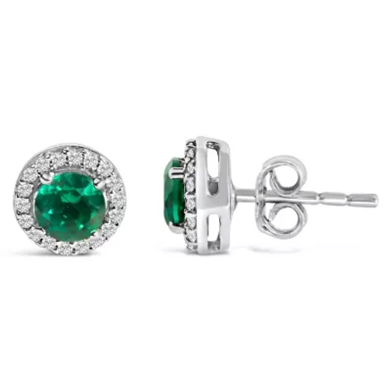 Lab Created Silver with Created Green Emerald and White Sapphire Halo Stud Earring