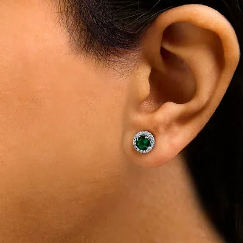 Lab Created Silver with Created Green Emerald and White Sapphire Halo Stud Earring