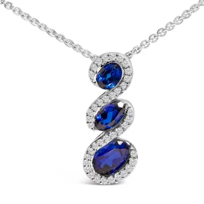 Lab Created Silver Created Blue and White Sapphire 3 Stone Swirl Pendant Necklace