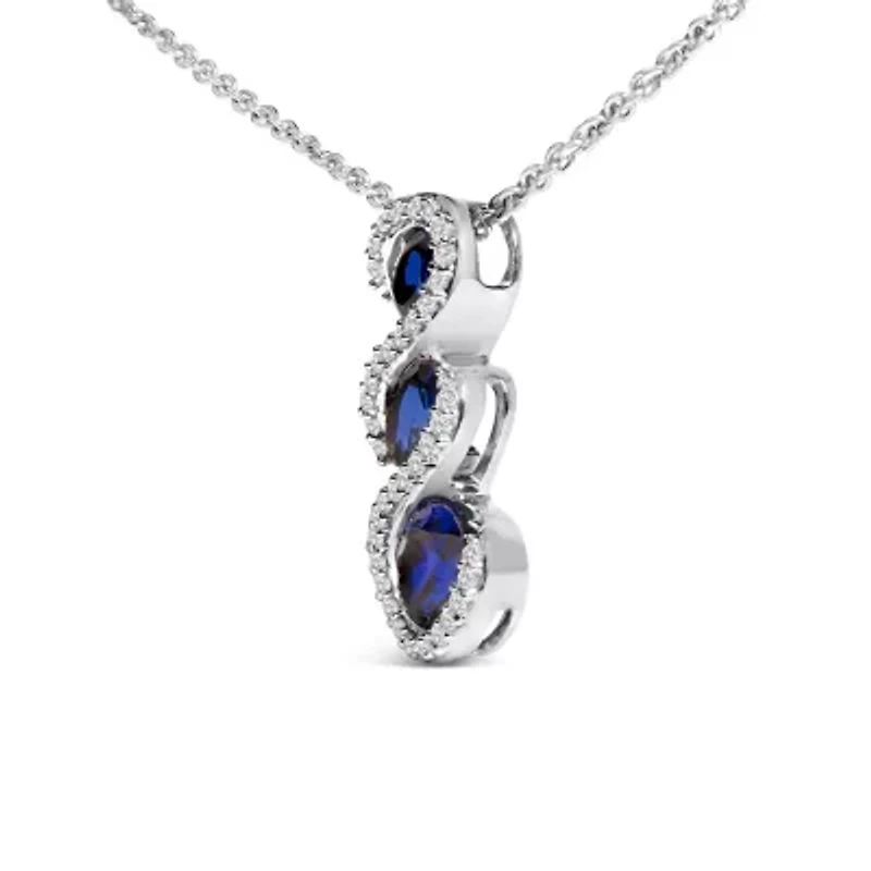 Lab Created Silver Created Blue and White Sapphire 3 Stone Swirl Pendant Necklace