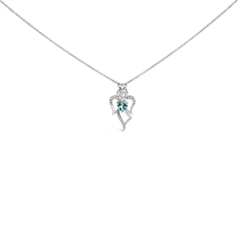 Silver Created Blue Topaz Angel Pendant Necklace