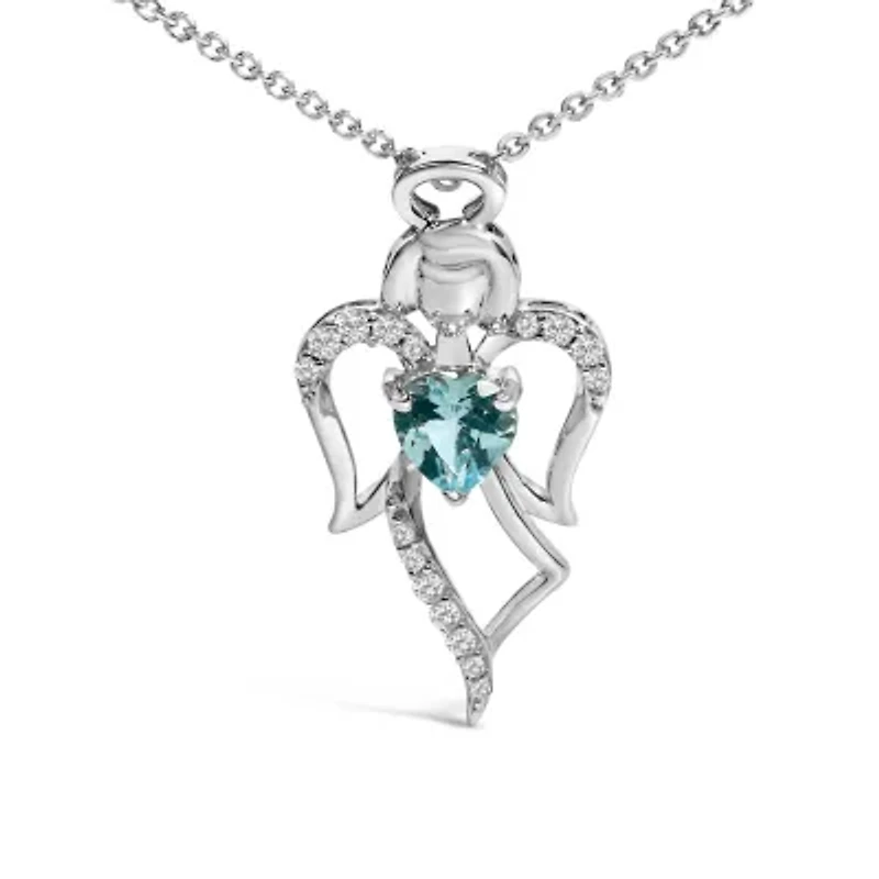 Silver Created Blue Topaz Angel Pendant Necklace