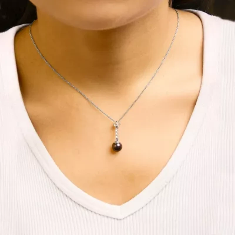 Lab Created Silver Black Pearl and Created White Sapphire Pendant Pendant Necklace