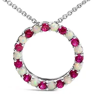 Lab Created Silver Alternating Created Red Ruby and Opal Circle Pendant Necklace