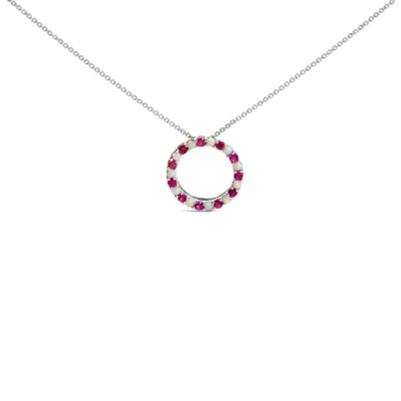 Lab Created Silver Alternating Created Red Ruby and Opal Circle Pendant Necklace
