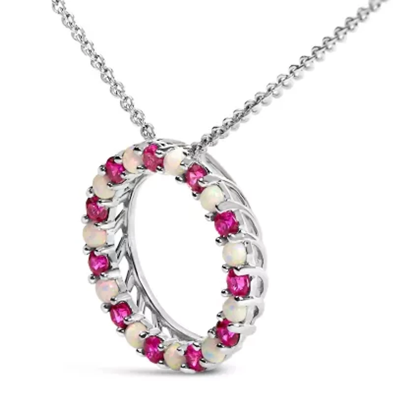 Lab Created Silver Alternating Created Red Ruby and Opal Circle Pendant Necklace