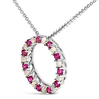 Lab Created Silver Alternating Created Red Ruby and Opal Circle Pendant Necklace