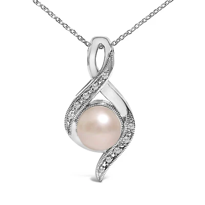 Sterling Silver 7mm Cultured Pearl and Diamond Accent Swirl Pendant Necklace