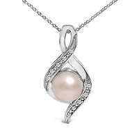 Sterling Silver 7mm Cultured Pearl and Diamond Accent Swirl Pendant Necklace
