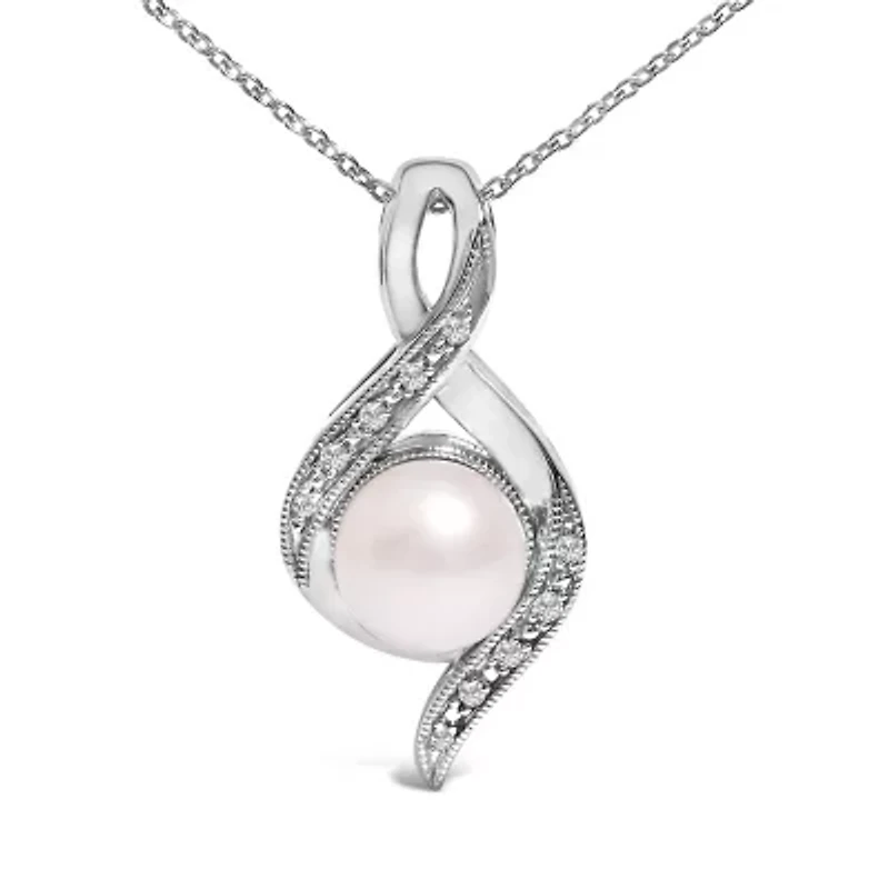 Sterling Silver 7mm Cultured Pearl and Diamond Accent Swirl Pendant Necklace