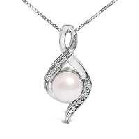 Sterling Silver 7mm Cultured Pearl and Diamond Accent Swirl Pendant Necklace