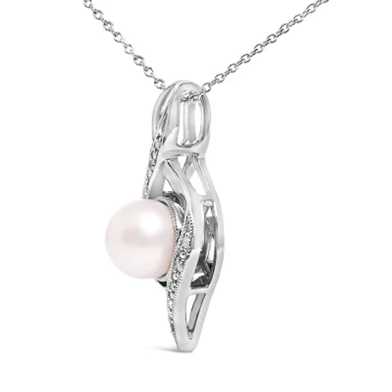Sterling Silver 7mm Cultured Pearl and Diamond Accent Swirl Pendant Necklace