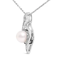 Sterling Silver 7mm Cultured Pearl and Diamond Accent Swirl Pendant Necklace