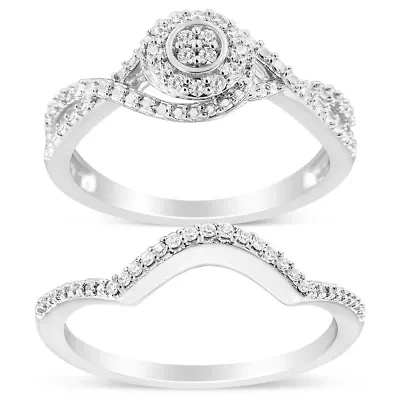 Sterling Silver 1/6 Cttw Diamond Composite Halo and Split Shank Bridal Set Ring Band