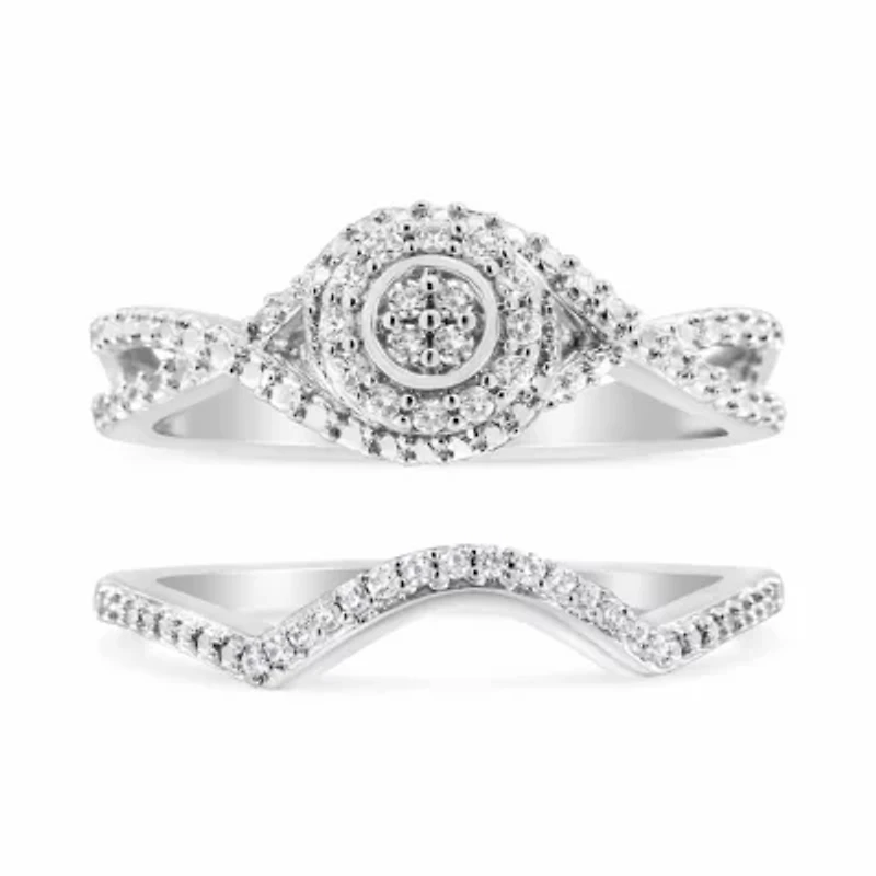 Sterling Silver 1/6 Cttw Diamond Composite Halo and Split Shank Bridal Set Ring Band