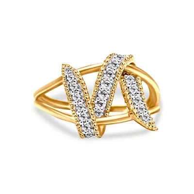 14K Yellow Gold Plated Sterling Silver 1/4 Cttw Diamond Interlocking Bypass Ring