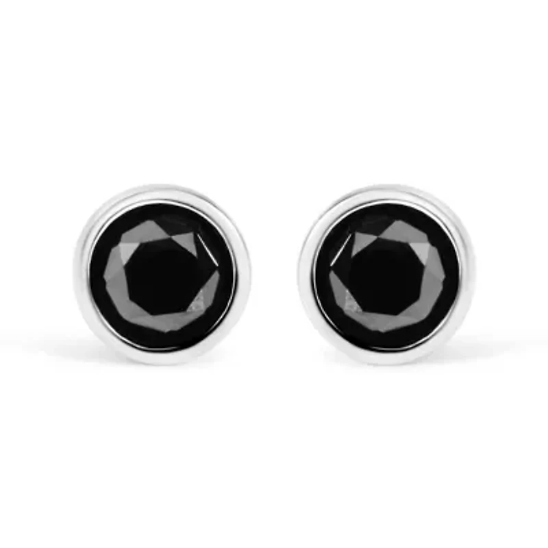 925 Sterling Silver Round Brilliant-Cut Black Diamond Bezel-Set Stud Earrings with Screw Backs (Fancy Color-Enhanced