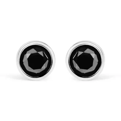925 Sterling Silver Round Brilliant-Cut Black Diamond Bezel-Set Stud Earrings with Screw Backs (Fancy Color-Enhanced