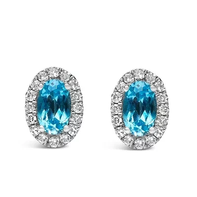 10K White Gold 5x3 MM Oval Cut Birthstone and Diamond Halo Stud Earrings (I-J Color