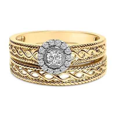 14K Yellow Gold Plated Sterling Silver 1/5 Cttw Diamond Halo Engagement Ring and Wedding Band Set