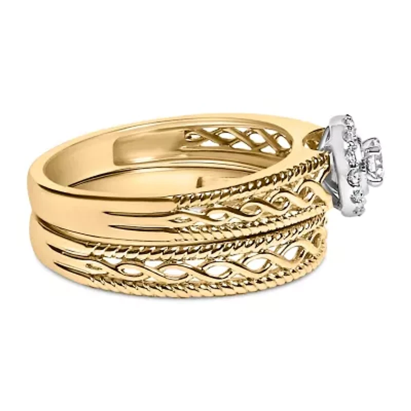 14K Yellow Gold Plated Sterling Silver 1/5 Cttw Diamond Halo Engagement Ring and Wedding Band Set