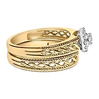 14K Yellow Gold Plated Sterling Silver 1/5 Cttw Diamond Halo Engagement Ring and Wedding Band Set