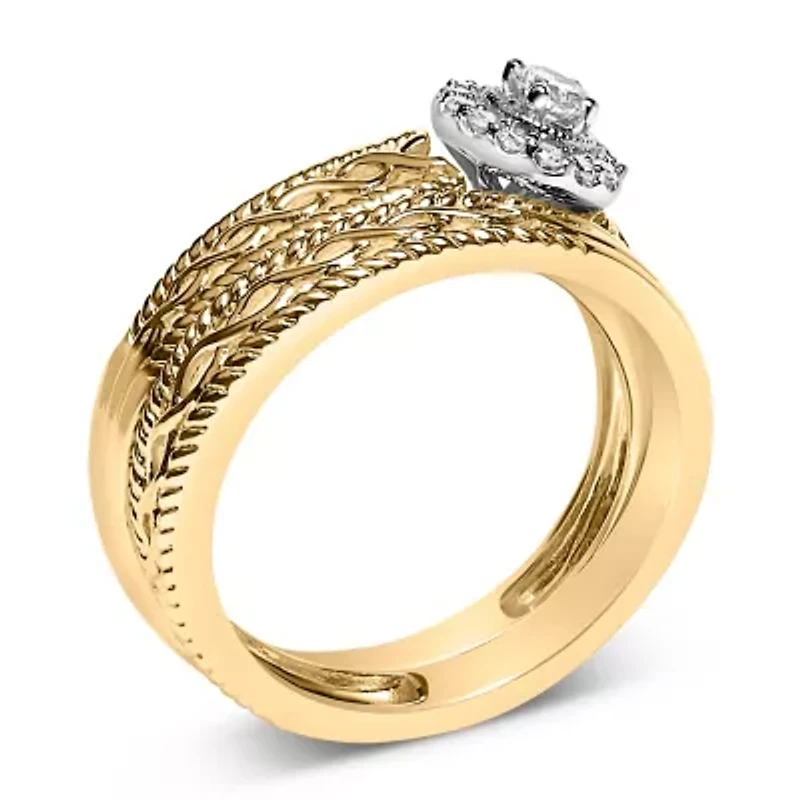 14K Yellow Gold Plated Sterling Silver 1/5 Cttw Diamond Halo Engagement Ring and Wedding Band Set