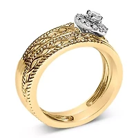14K Yellow Gold Plated Sterling Silver 1/5 Cttw Diamond Halo Engagement Ring and Wedding Band Set