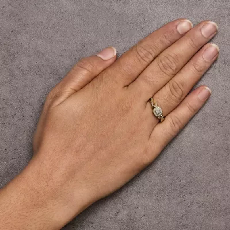 14K Yellow Gold Plated Sterling Silver 1/10 Cttw Round-Cut Diamond Composite Halo Engagement Ring