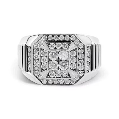 Men's 10K White Gold 1.00 Cttw Diamond Octagonal Signet Style Band Ring