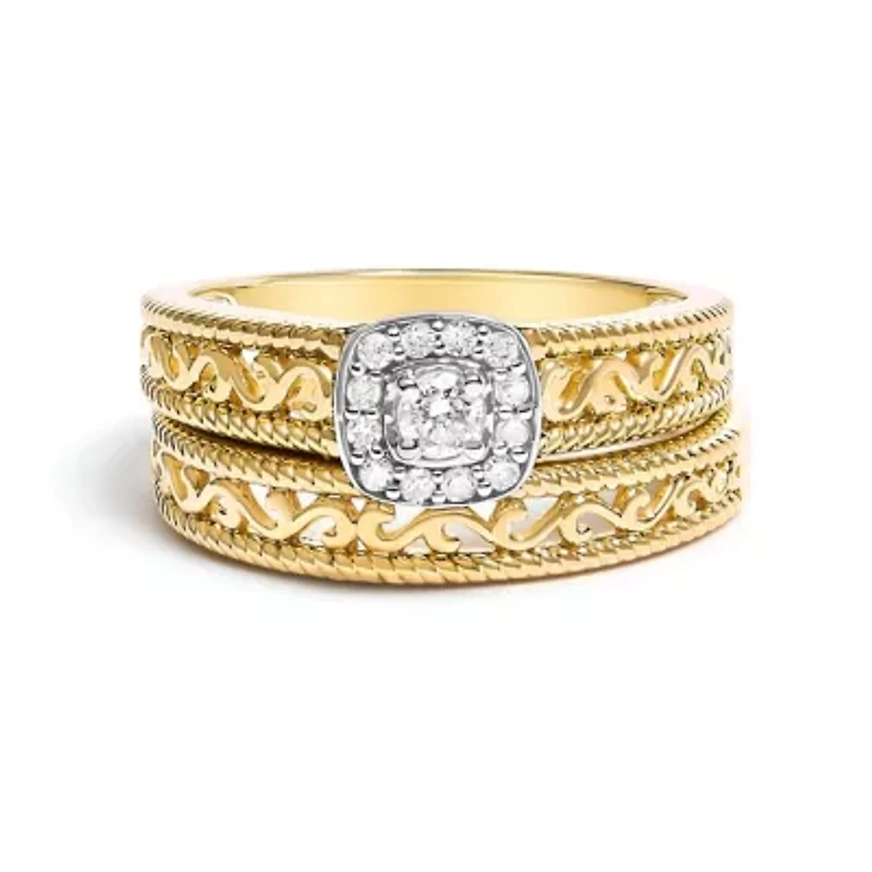 14K Yellow Gold Plated Sterling Silver 1/5 Cttw Diamond Halo and Milgrain Finish Engagement Ring Bridal Set