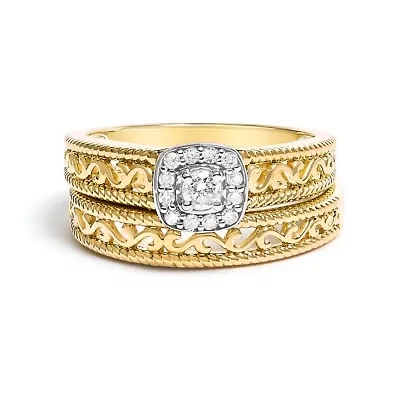 14K Yellow Gold Plated Sterling Silver 1/5 Cttw Diamond Halo and Milgrain Finish Engagement Ring Bridal Set