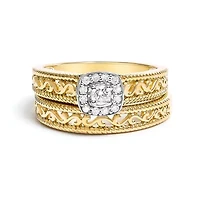 14K Yellow Gold Plated Sterling Silver 1/5 Cttw Diamond Halo and Milgrain Finish Engagement Ring Bridal Set