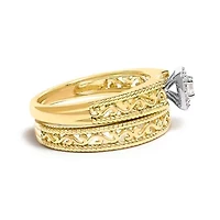 14K Yellow Gold Plated Sterling Silver 1/5 Cttw Diamond Halo and Milgrain Finish Engagement Ring Bridal Set