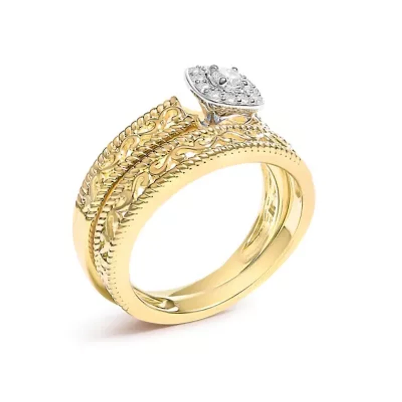 14K Yellow Gold Plated Sterling Silver 1/5 Cttw Diamond Halo and Milgrain Finish Engagement Ring Bridal Set