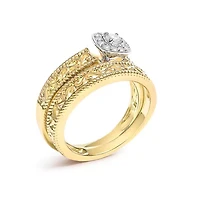 14K Yellow Gold Plated Sterling Silver 1/5 Cttw Diamond Halo and Milgrain Finish Engagement Ring Bridal Set
