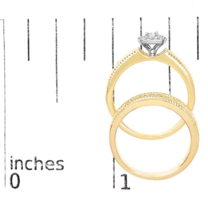 14K Yellow Gold Plated Sterling Silver 1/5 Cttw Diamond Halo and Milgrain Finish Engagement Ring Bridal Set