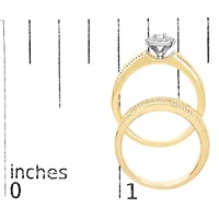 14K Yellow Gold Plated Sterling Silver 1/5 Cttw Diamond Halo and Milgrain Finish Engagement Ring Bridal Set