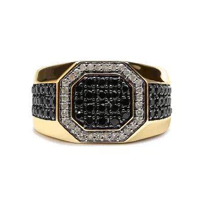 Men's 10K Yellow Gold 1 1/4 Cttw White and Treated Black Diamond Octagonal Halo Band Ring