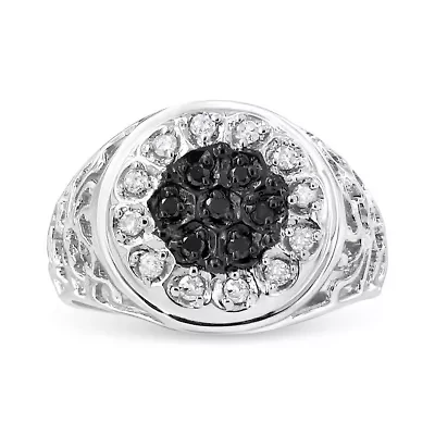 Sterling Silver 1/4 Cttw White and Black Treated Diamond Halo Cluster Ring for Men