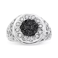 Sterling Silver 1/4 Cttw White and Black Treated Diamond Halo Cluster Ring for Men