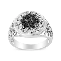 Sterling Silver 1/4 Cttw White and Black Treated Diamond Halo Cluster Ring for Men