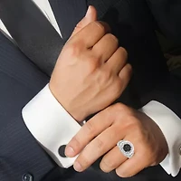 Sterling Silver 1/4 Cttw White and Black Treated Diamond Halo Cluster Ring for Men